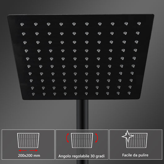 Colonne doccia nero, soffione doccia quadrato 20x20cm acciaio inox, saliscendi doccia tondo regolabile 75-125cm
