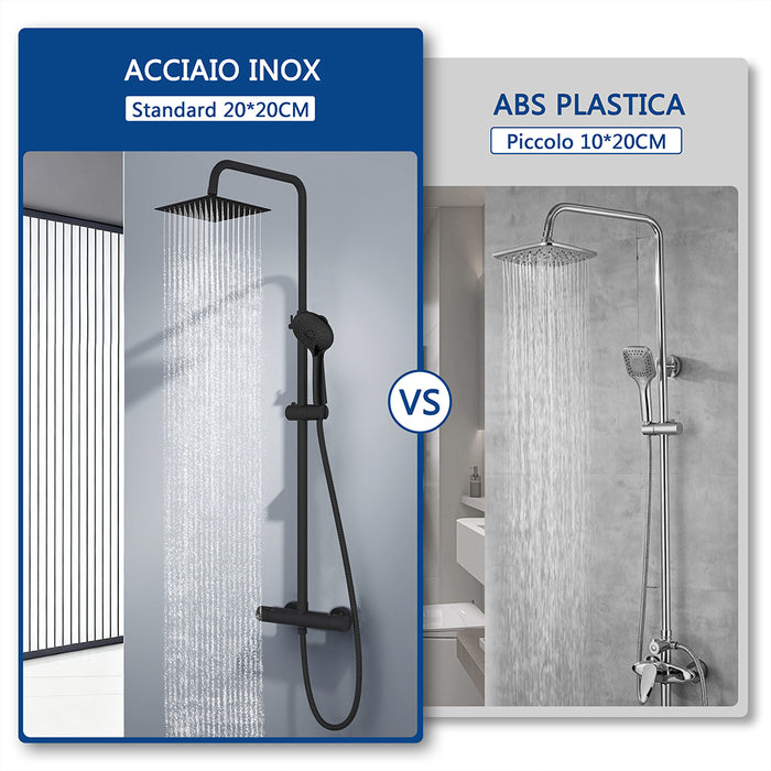 colonna doccia rotonda completo di miscelatore termostatico cilindro, soffione quadrato 20x20cm, nero