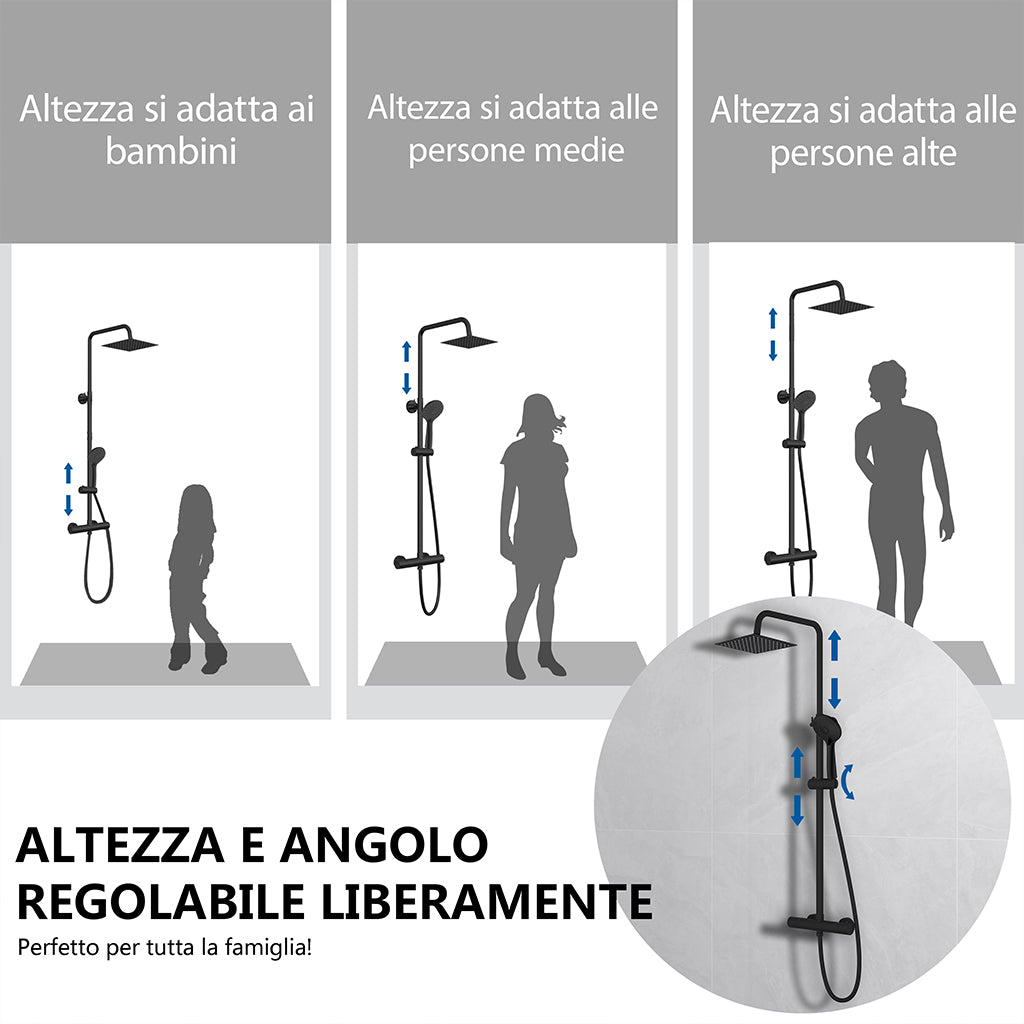 Kit doccia con miscelatore termostatico, soffione quadrato 20x20cm, doccetta tonda 23x10.8cm, colonna doccia regolabile 75-125cm, nero