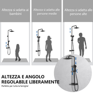 Kit doccia con miscelatore termostatico, soffione quadrato 20x20cm, doccetta tonda 23x10.8cm, colonna doccia regolabile 75-125cm, nero