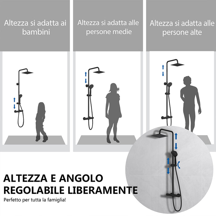 Kit doccia con miscelatore termostatico, soffione quadrato 20x20cm, doccetta tonda 23x10.8cm, colonna doccia regolabile 75-125cm, nero