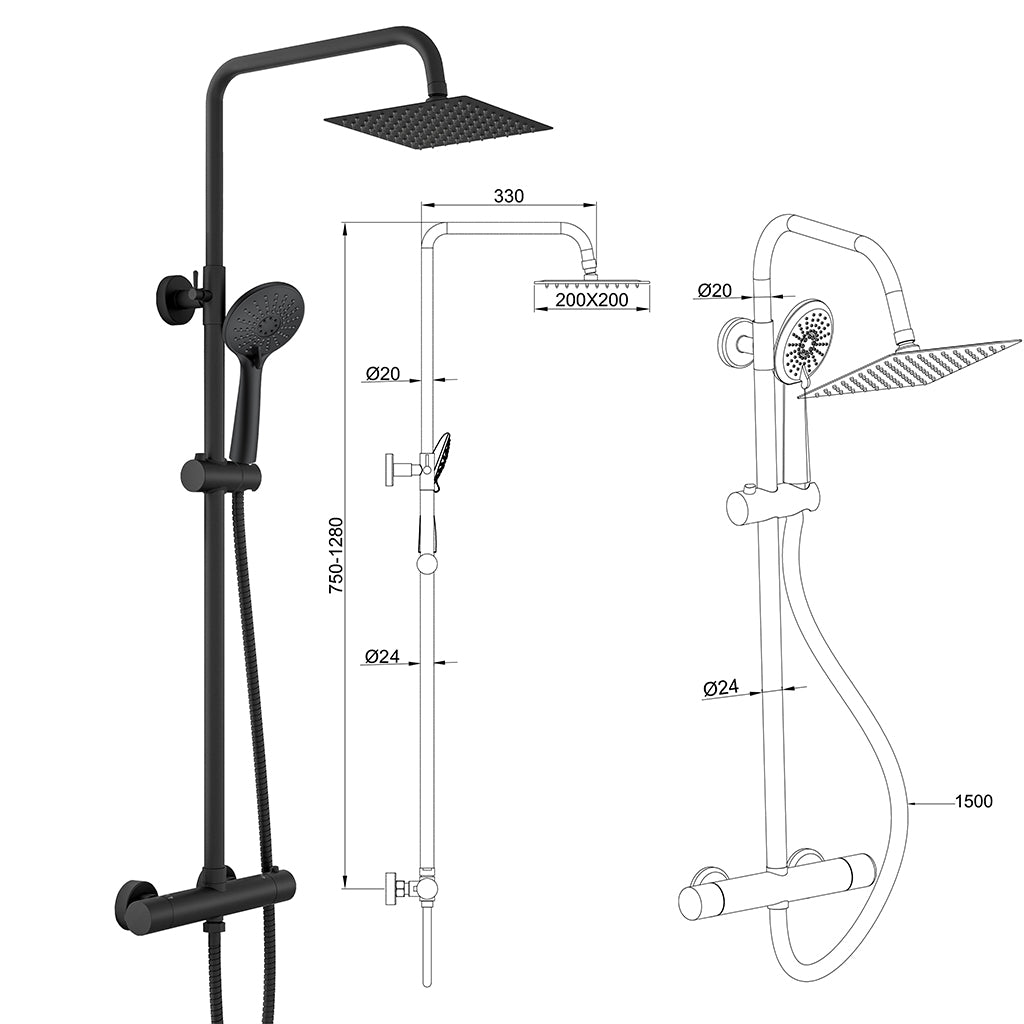 Colonna doccia con miscelatore termostatico, doccino rotondo 230x108mm con 3 modalità di getti, nero