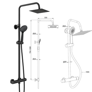 Colonna doccia con miscelatore termostatico, doccino rotondo 230x108mm con 3 modalità di getti, nero