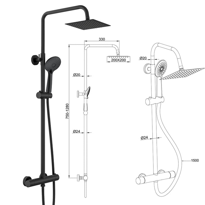 Colonna doccia con miscelatore termostatico, doccino rotondo 230x108mm con 3 modalità di getti, nero