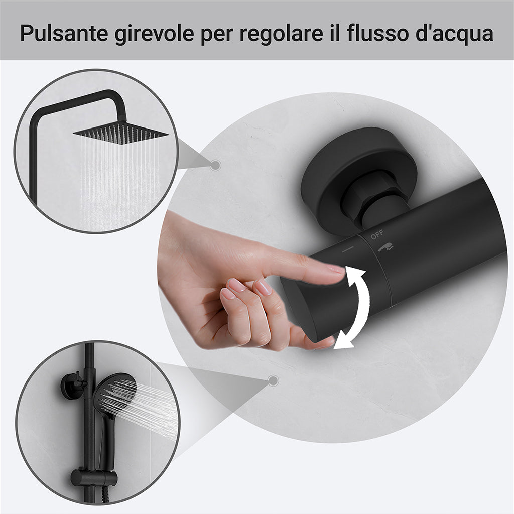 Kit doccia con miscelatore termostatico, soffione quadrato 20x20cm, doccetta tonda 23x10.8cm, colonna doccia regolabile 75-125cm, nero