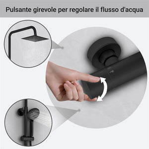 Kit doccia con miscelatore termostatico, soffione quadrato 20x20cm, doccetta tonda 23x10.8cm, colonna doccia regolabile 75-125cm, nero