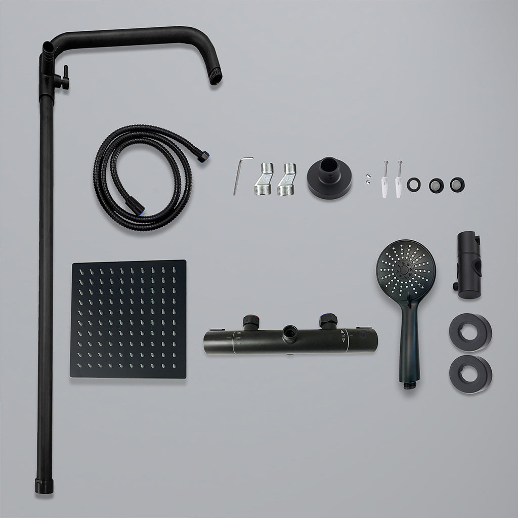 colonna doccia rotonda completo di miscelatore termostatico cilindro, soffione quadrato 20x20cm, nero