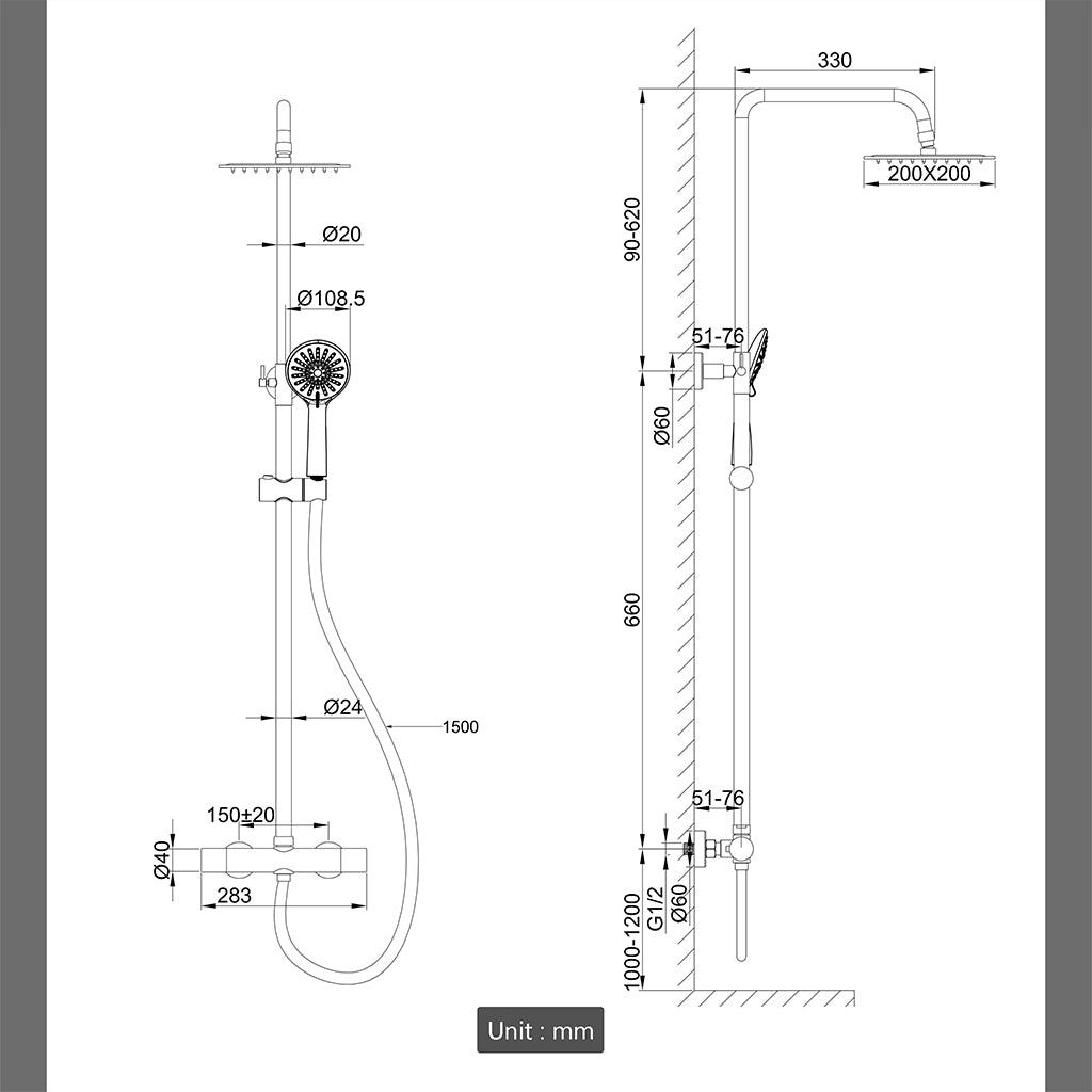 Kit doccia con miscelatore termostatico, soffione quadrato 20x20cm, doccetta tonda 23x10.8cm, colonna doccia regolabile 75-125cm, nero