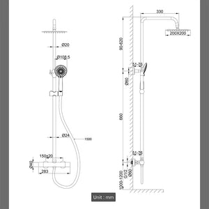 Kit doccia con miscelatore termostatico, soffione quadrato 20x20cm, doccetta tonda 23x10.8cm, colonna doccia regolabile 75-125cm, nero