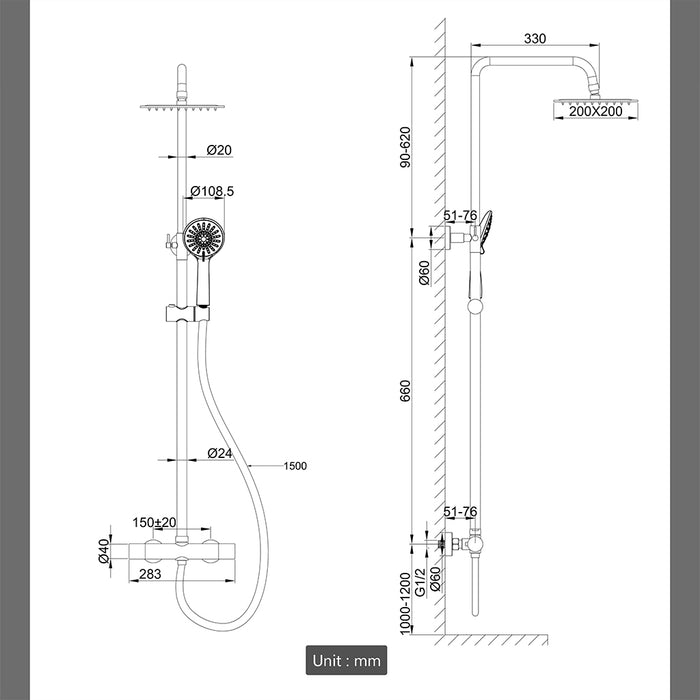 Kit doccia con miscelatore termostatico, soffione quadrato 20x20cm, doccetta tonda 23x10.8cm, colonna doccia regolabile 75-125cm, nero