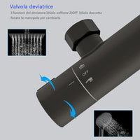 Colonna doccia con miscelatore, kit completo di doccia a pioggia, soffione doccia 20 x20 cm e doccetta 3 getti, asta doccia, nero
