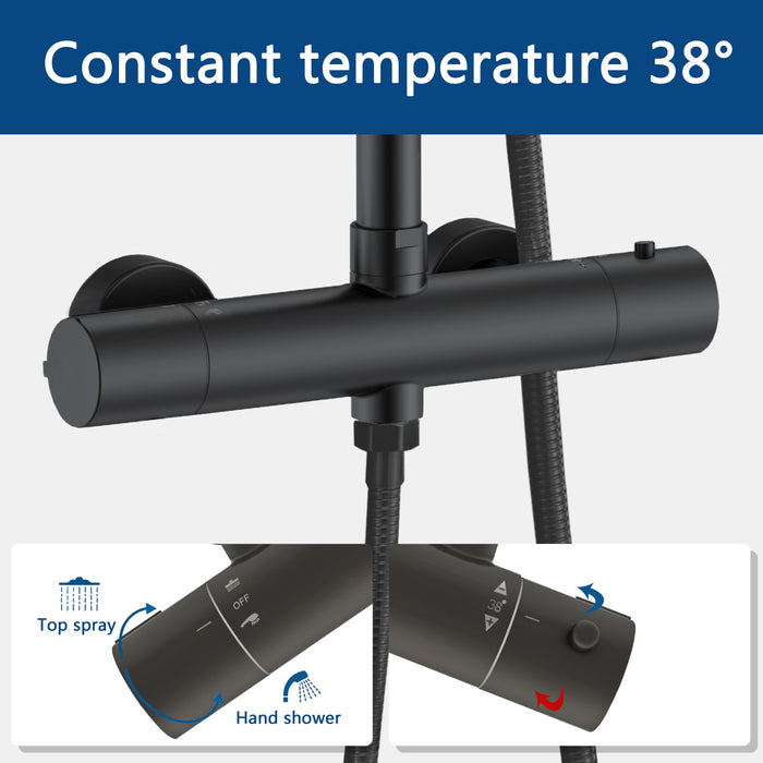 AICA Set Doccia Completo Nero con Soffione Quadrato, Doccetta, Rubinetto e Saliscendi Tondi, Miscelatore Termostatico Doccia