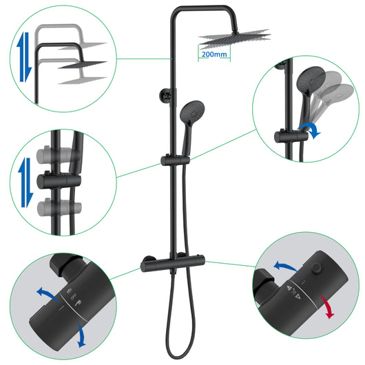 AICA Set Doccia Completo Nero con Soffione Quadrato, Doccetta, Rubinetto e Saliscendi Tondi, Miscelatore Termostatico Doccia