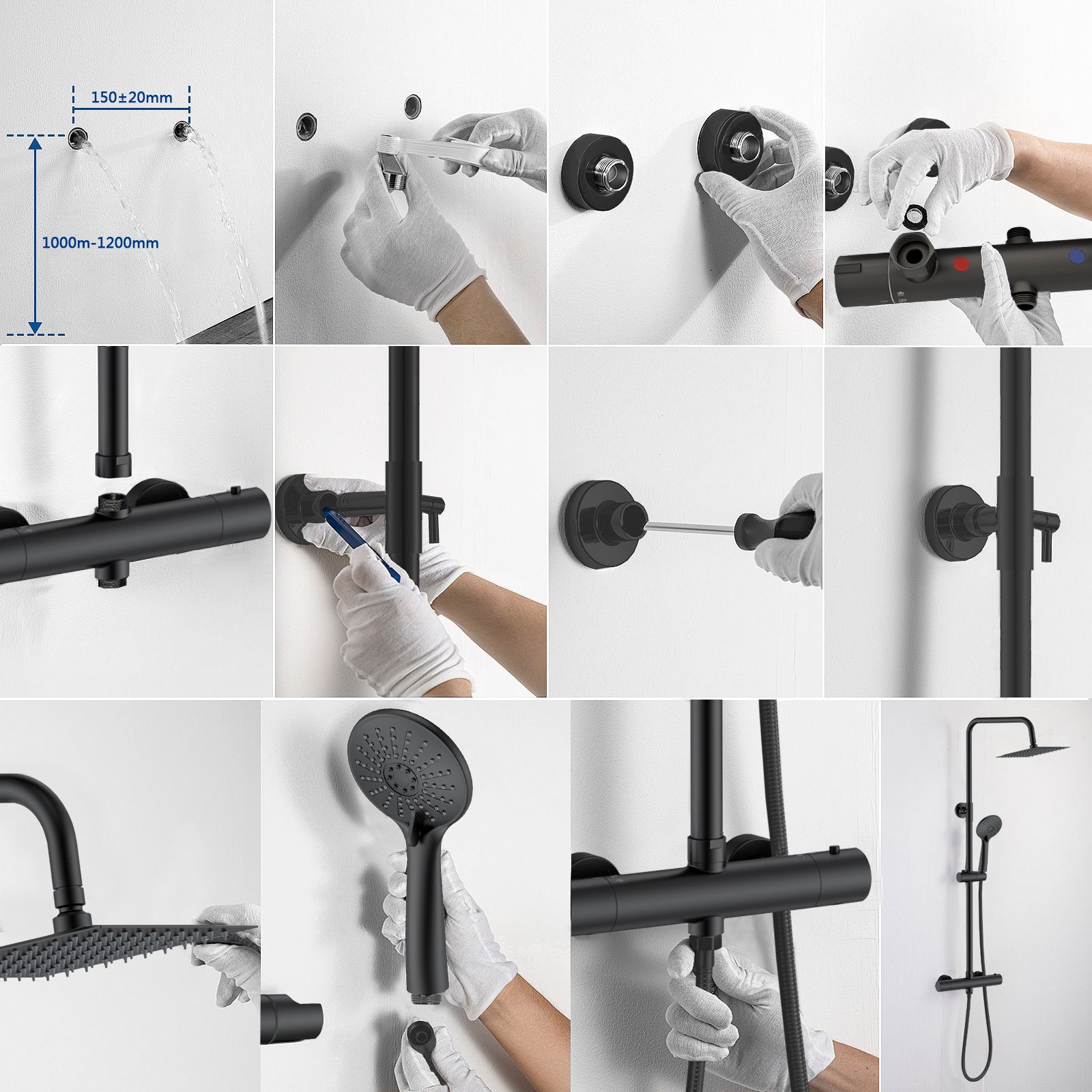 AICA Colonna doccia a ponte con soffione quadrato 20x20cm, sistema doccia con miscelatore, nero opaco