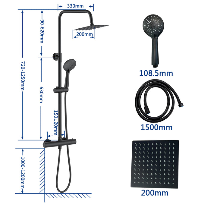 Colonna doccia con miscelatore, kit completo di doccia a pioggia, soffione doccia 20 x20 cm e doccetta 3 getti, asta doccia, nero