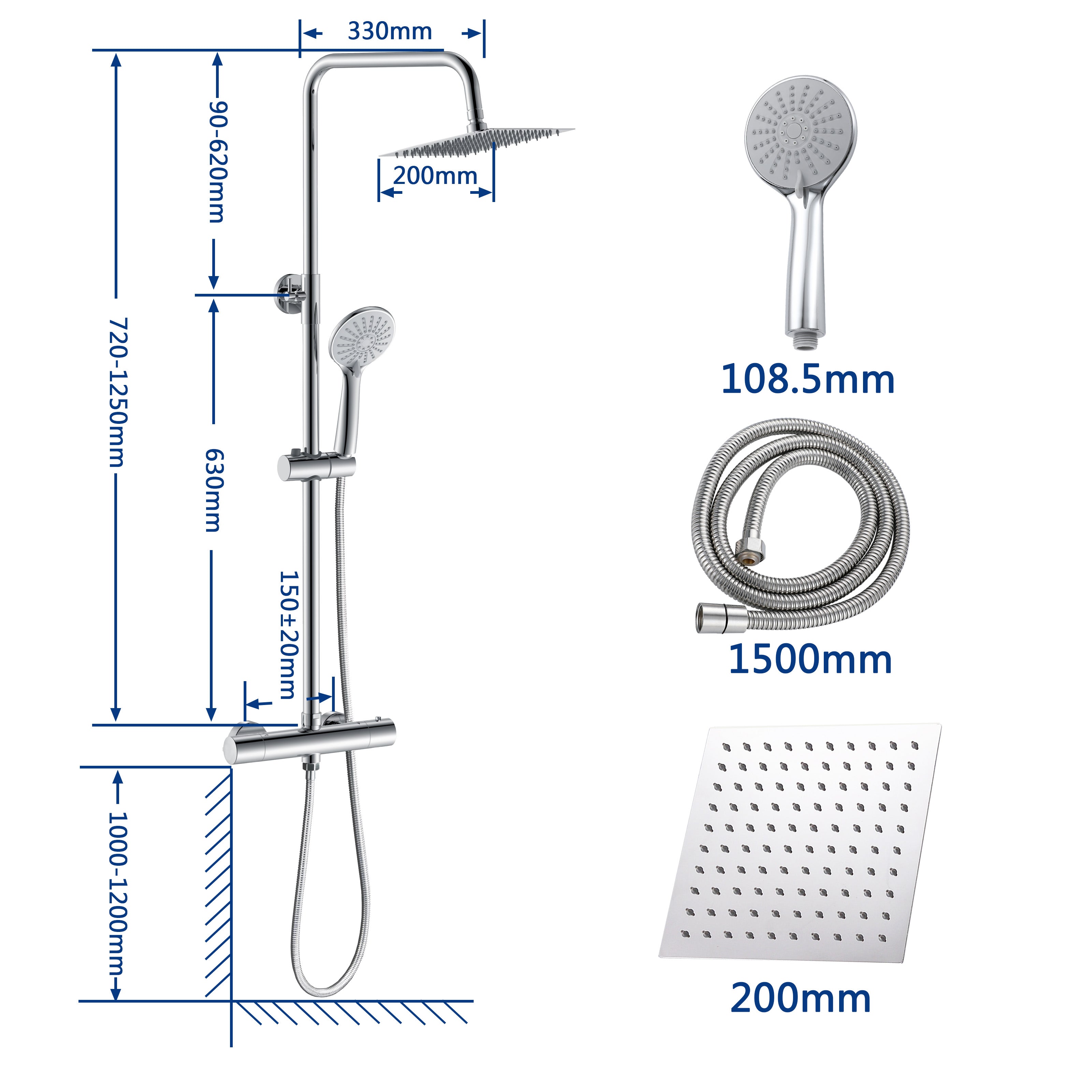 Colonna doccia con miscelatore, kit completo di doccia a pioggia, soffione doccia 20 x20 cm e doccetta 3 getti, asta doccia, cromato