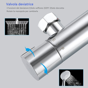Colonna doccia con miscelatore, kit completo di doccia a pioggia, soffione doccia 20 x20 cm e doccetta 3 getti, asta doccia, cromato