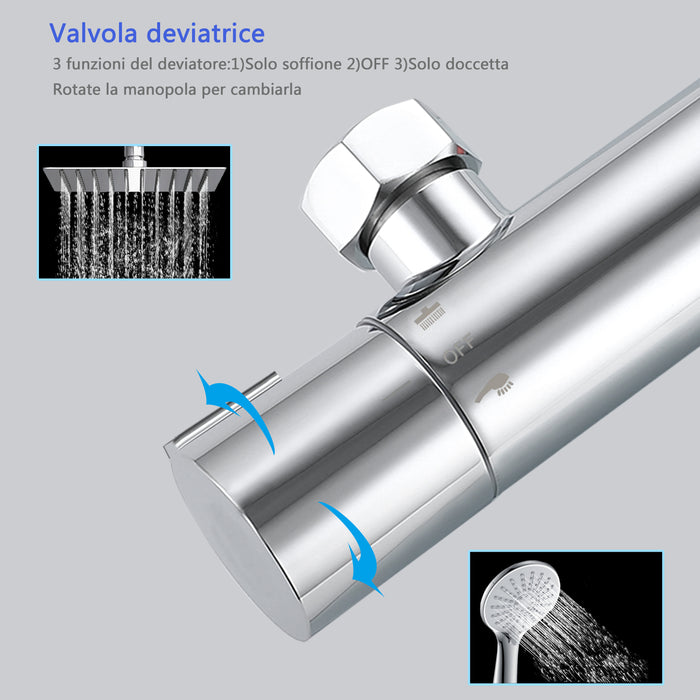 Colonna doccia con miscelatore, kit completo di doccia a pioggia, soffione doccia 20 x20 cm e doccetta 3 getti, asta doccia, cromato
