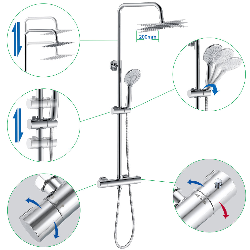 AICA Set Doccia Completo Cromo con Soffione Quadrato, Doccetta, Rubinetto e Saliscendi Tondi, Miscelatore Termostatico Doccia
