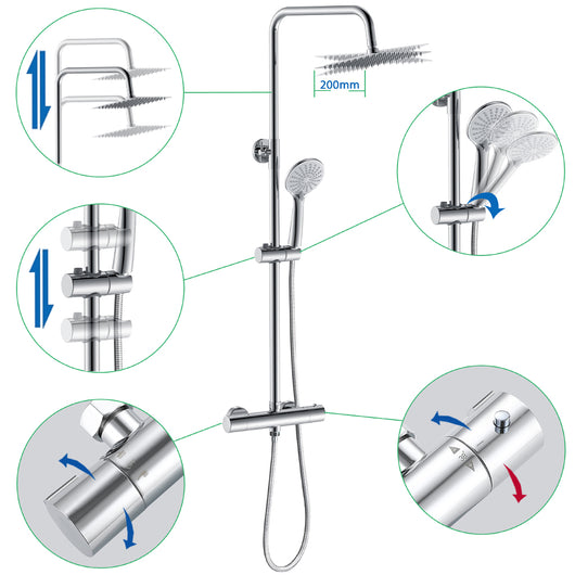 AICA Set Doccia Completo Cromo con Soffione Quadrato, Doccetta, Rubinetto e Saliscendi Tondi, Miscelatore Termostatico Doccia