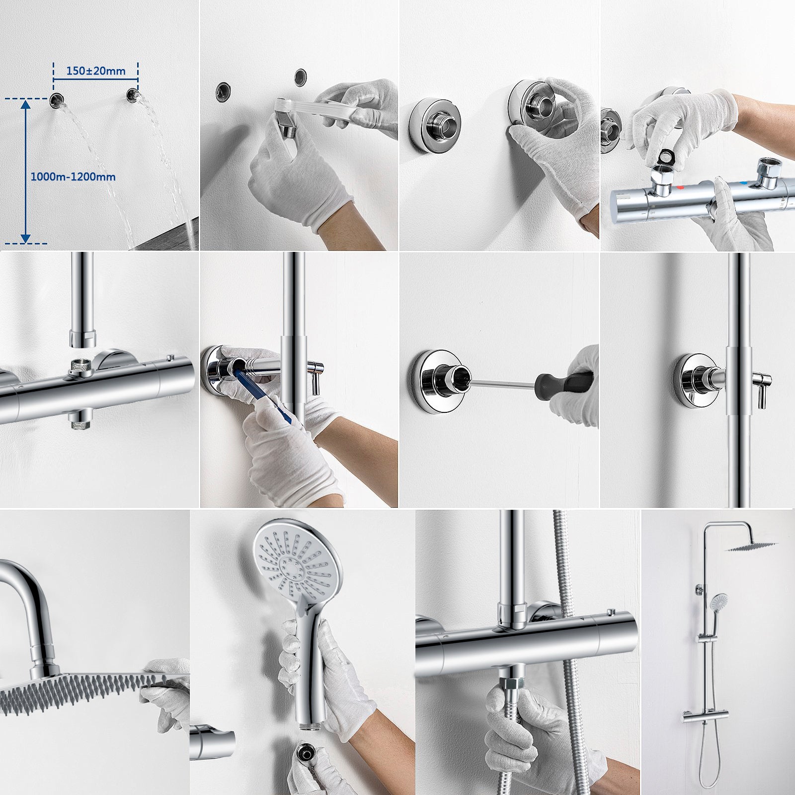 AICA Colonna doccia a ponte con soffione quadrato 20x20cm, sistema doccia con miscelatore, cromato lucido