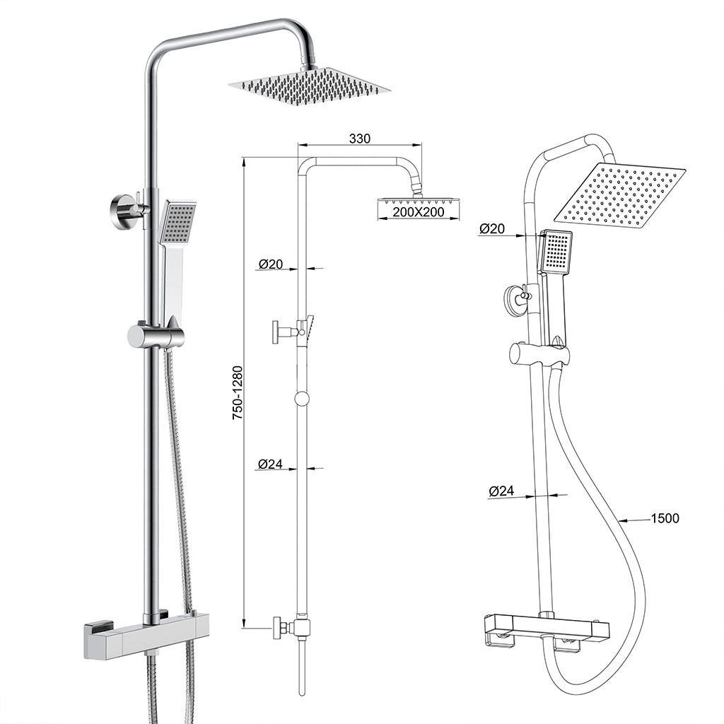 Colonna doccia con miscelatore termostatico, saliscendi doccia tondo regolabile 75-125cm, cromo