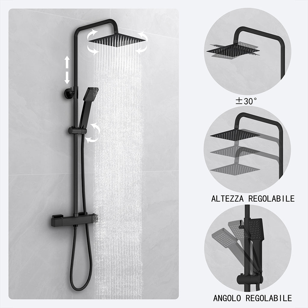 Kit doccia con miscelatore termostatico, soffione quadrato 20x20cm, doccetta quadrata 22x6.4cm, colonna doccia regolabile 75-125cm, nero