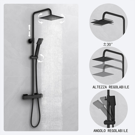 Kit doccia con miscelatore termostatico, soffione quadrato 20x20cm, doccetta quadrata 22x6.4cm, colonna doccia regolabile 75-125cm, nero