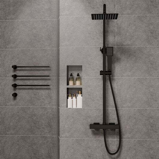 Colonne doccia nero, soffione doccia quadrato 20x20cm acciaio inox, saliscendi doccia tondo regolabile 75-125cm