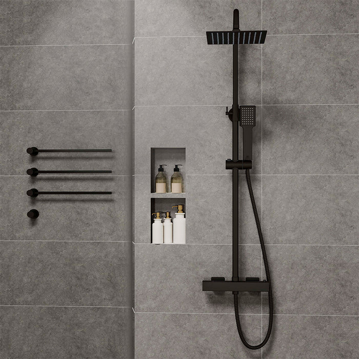 Colonne doccia nero, soffione doccia quadrato 20x20cm acciaio inox, saliscendi doccia tondo regolabile 75-125cm