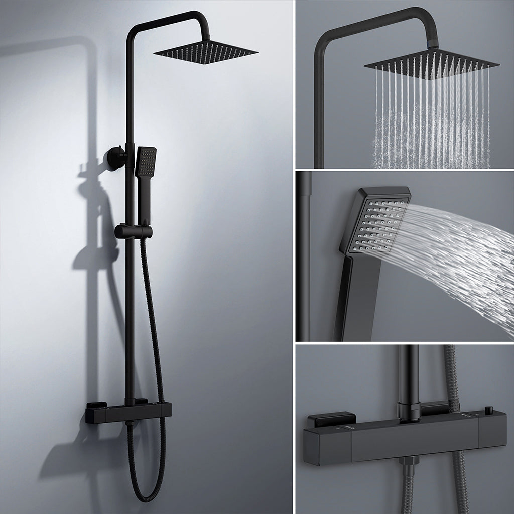 colonna doccia rotonda completo di miscelatore termostatico rettangolo, soffione quadrato 20x20cm, nero