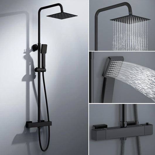 colonna doccia rotonda completo di miscelatore termostatico rettangolo, soffione quadrato 20x20cm, nero