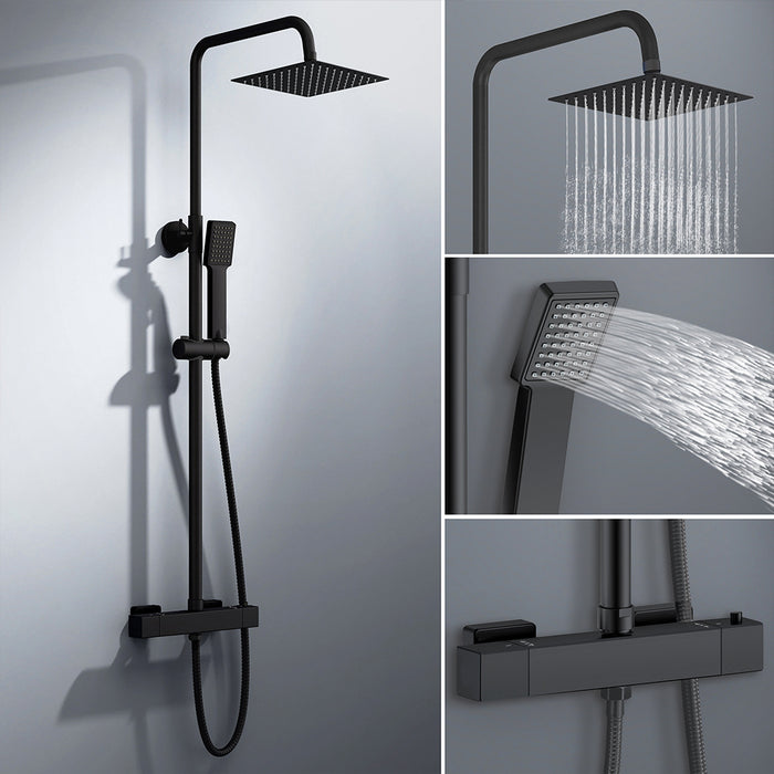 colonna doccia rotonda completo di miscelatore termostatico rettangolo, soffione quadrato 20x20cm, nero