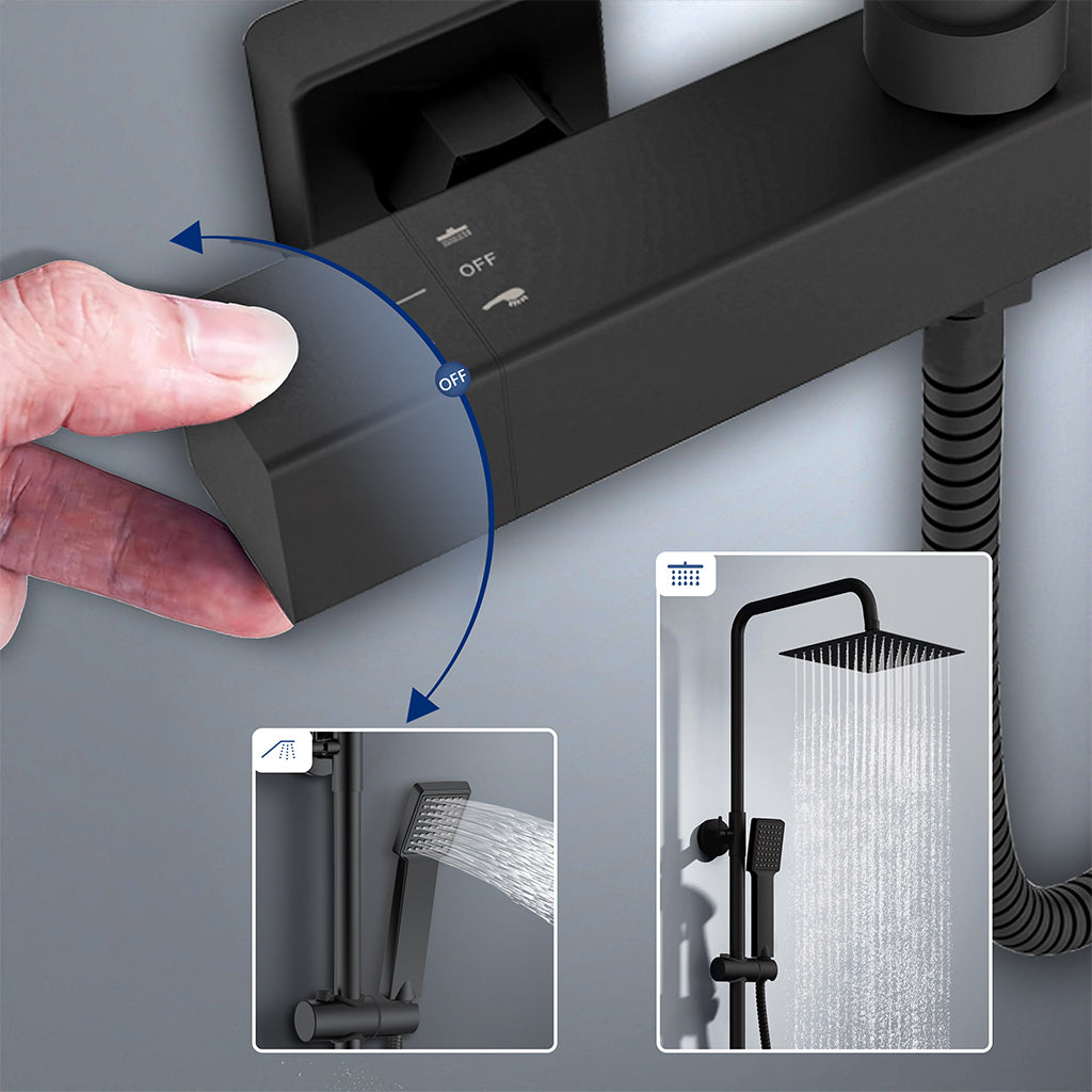colonna doccia rotonda completo di miscelatore termostatico rettangolo, soffione quadrato 20x20cm, nero