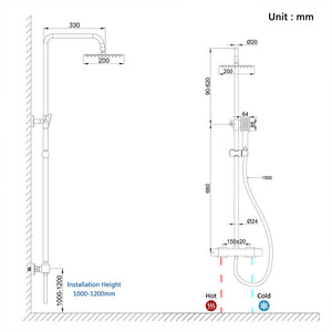 colonna doccia rotonda completo di miscelatore termostatico rettangolo, soffione quadrato 20x20cm, nero
