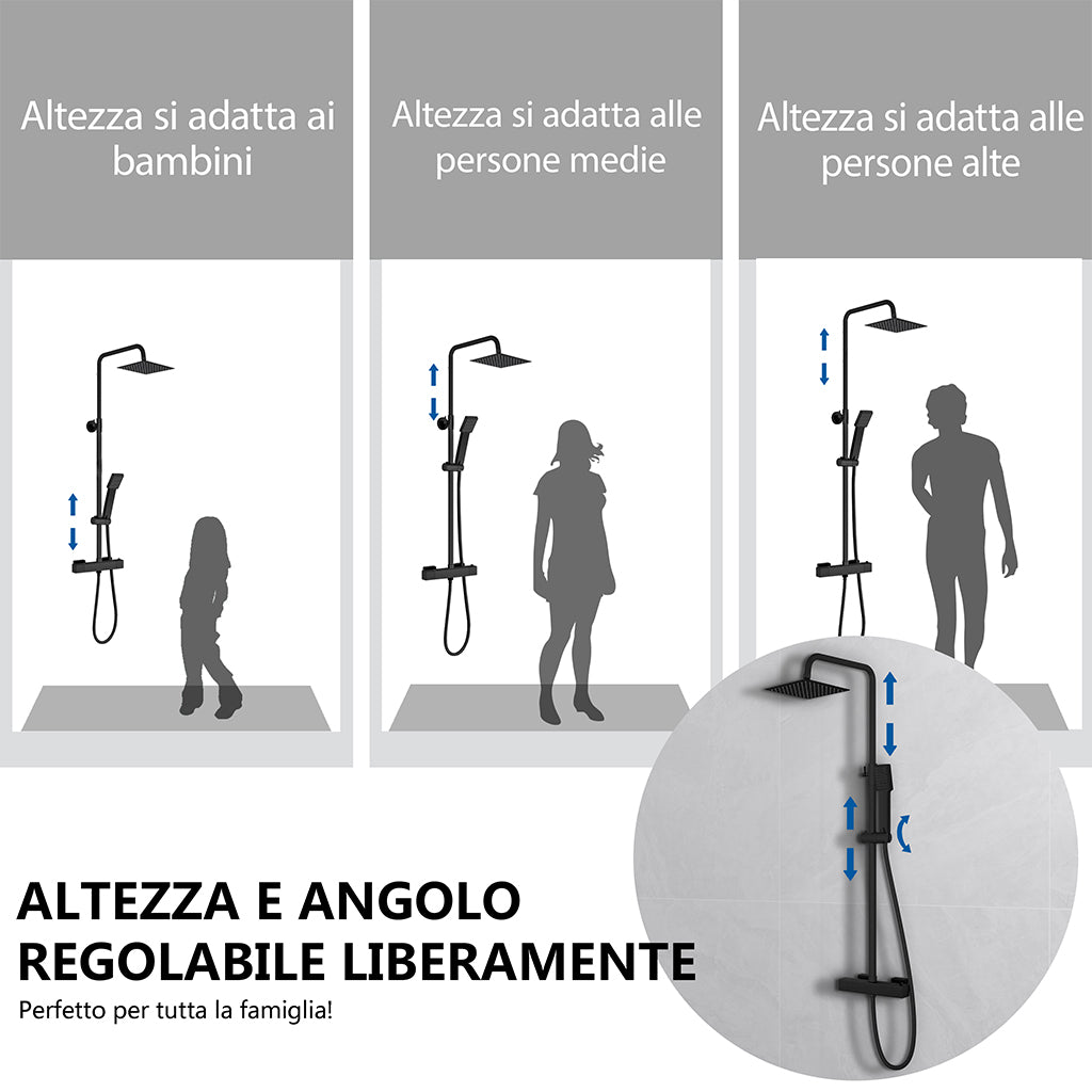 Kit doccia con miscelatore termostatico, soffione quadrato 20x20cm, doccetta quadrata 22x6.4cm, colonna doccia regolabile 75-125cm, nero