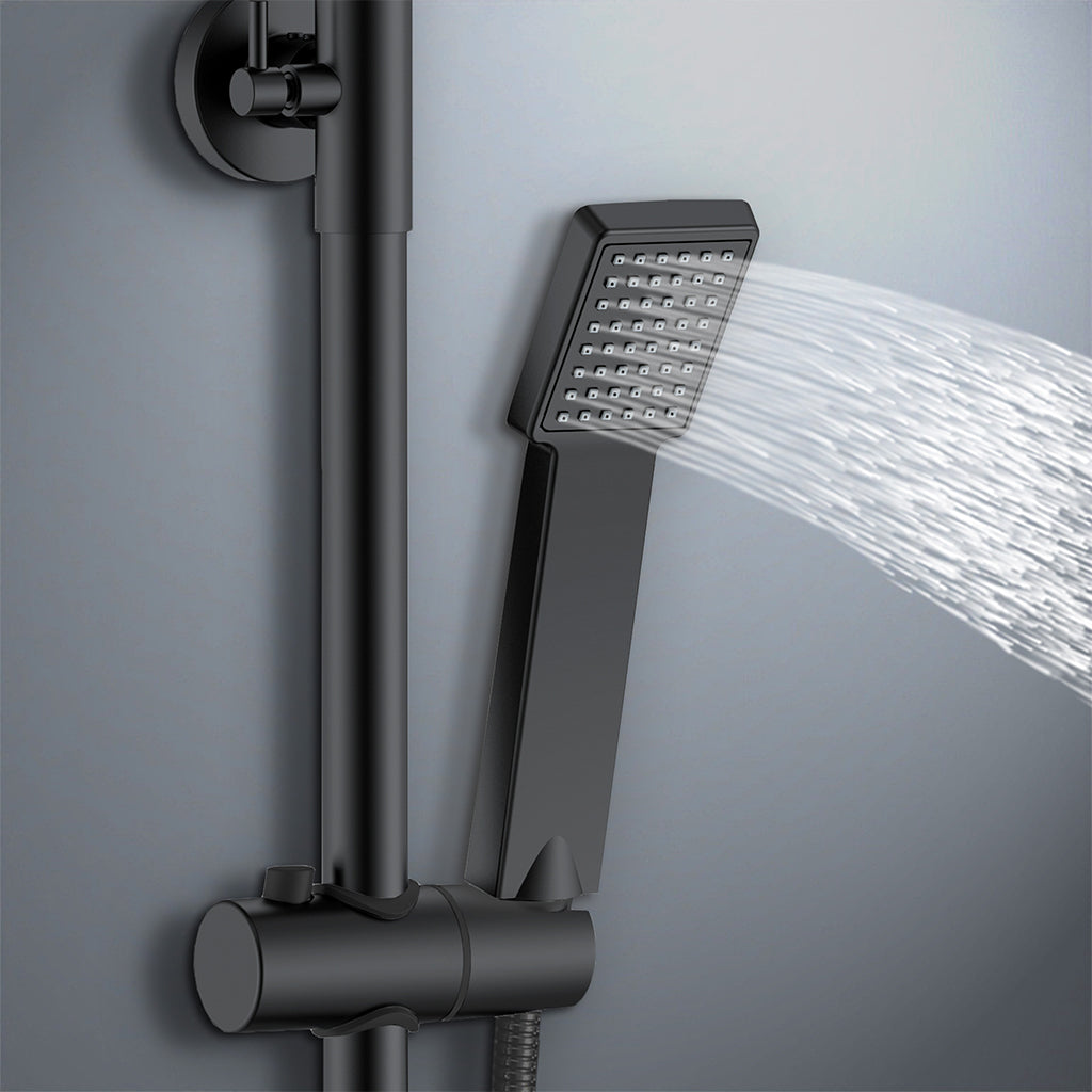 colonna doccia rotonda completo di miscelatore termostatico rettangolo, soffione quadrato 20x20cm, nero