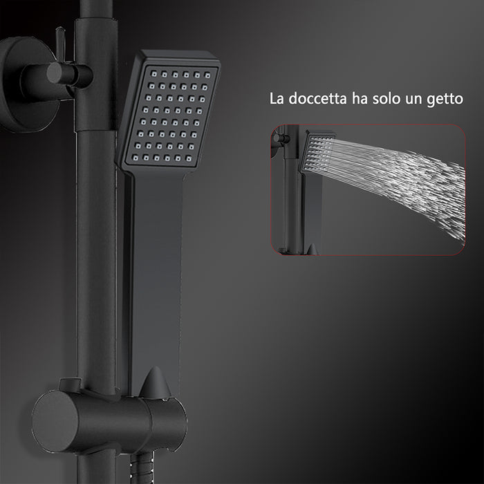 Colonne doccia nero, soffione doccia quadrato 20x20cm acciaio inox, saliscendi doccia tondo regolabile 75-125cm