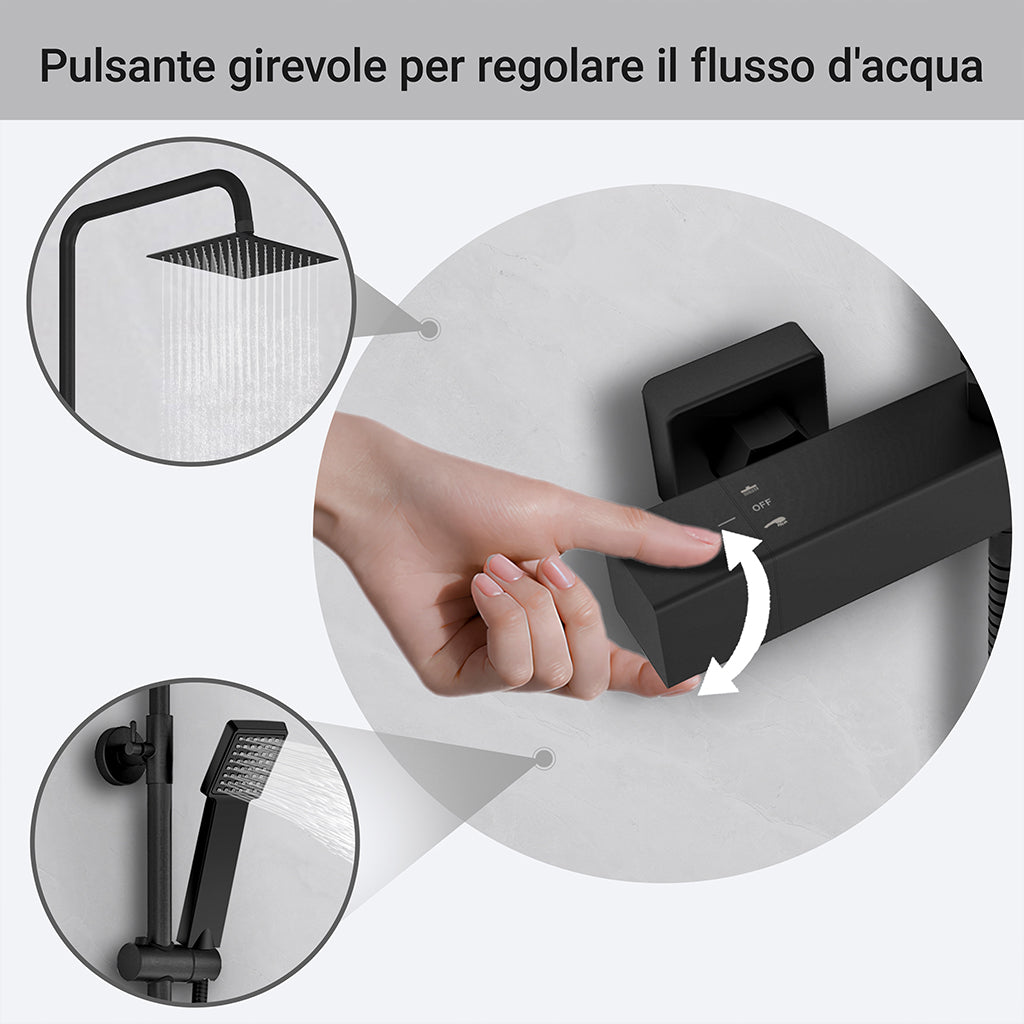 Kit doccia con miscelatore termostatico, soffione quadrato 20x20cm, doccetta quadrata 22x6.4cm, colonna doccia regolabile 75-125cm, nero