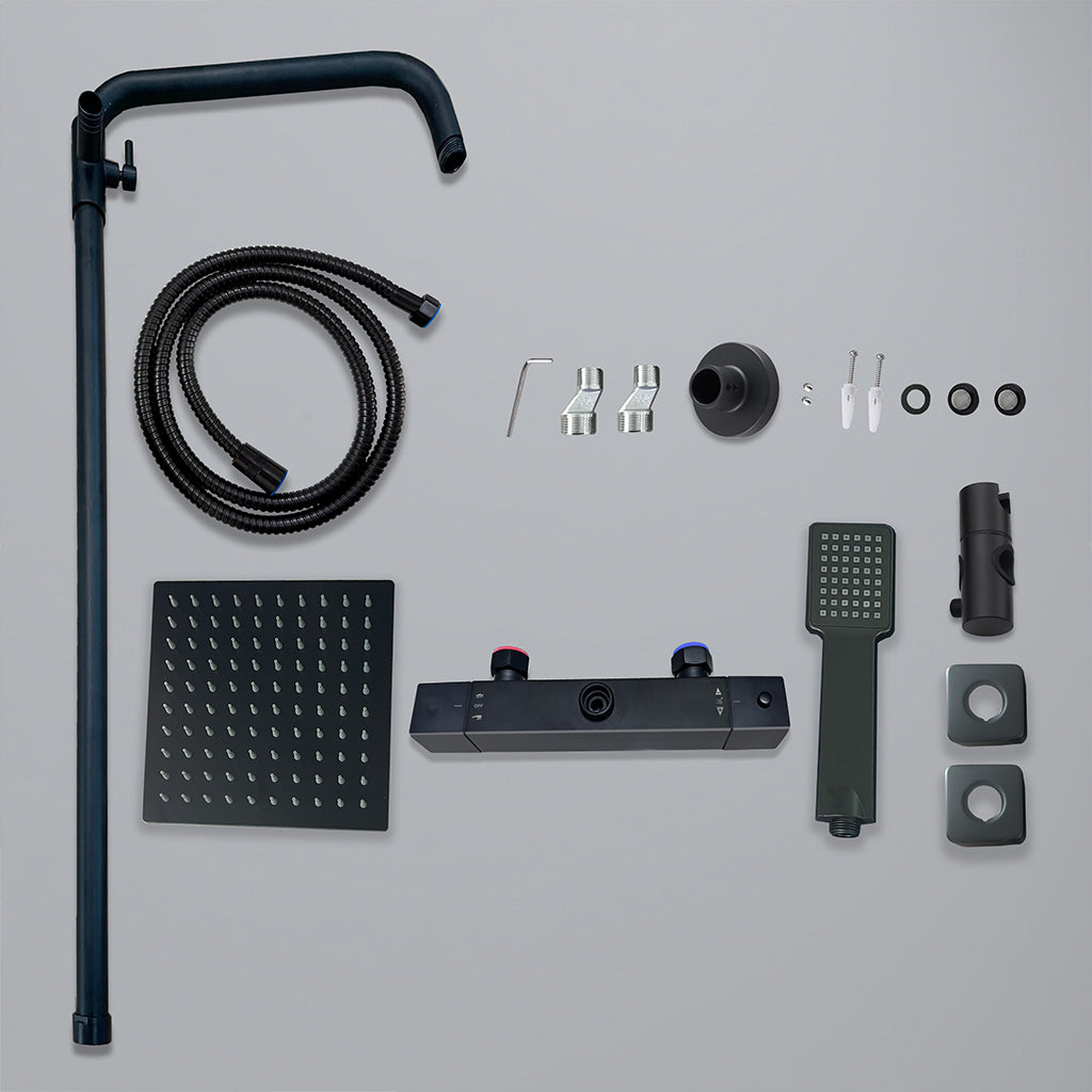 colonna doccia rotonda completo di miscelatore termostatico rettangolo, soffione quadrato 20x20cm, nero
