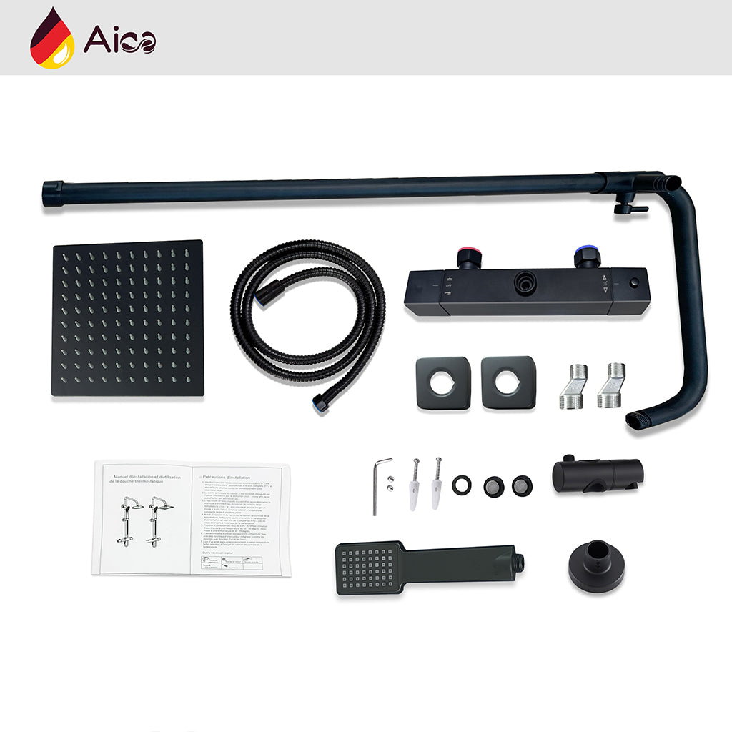 Colonna doccia con miscelatore termostatico, saliscendi doccia tondo regolabile 75-125cm, nero