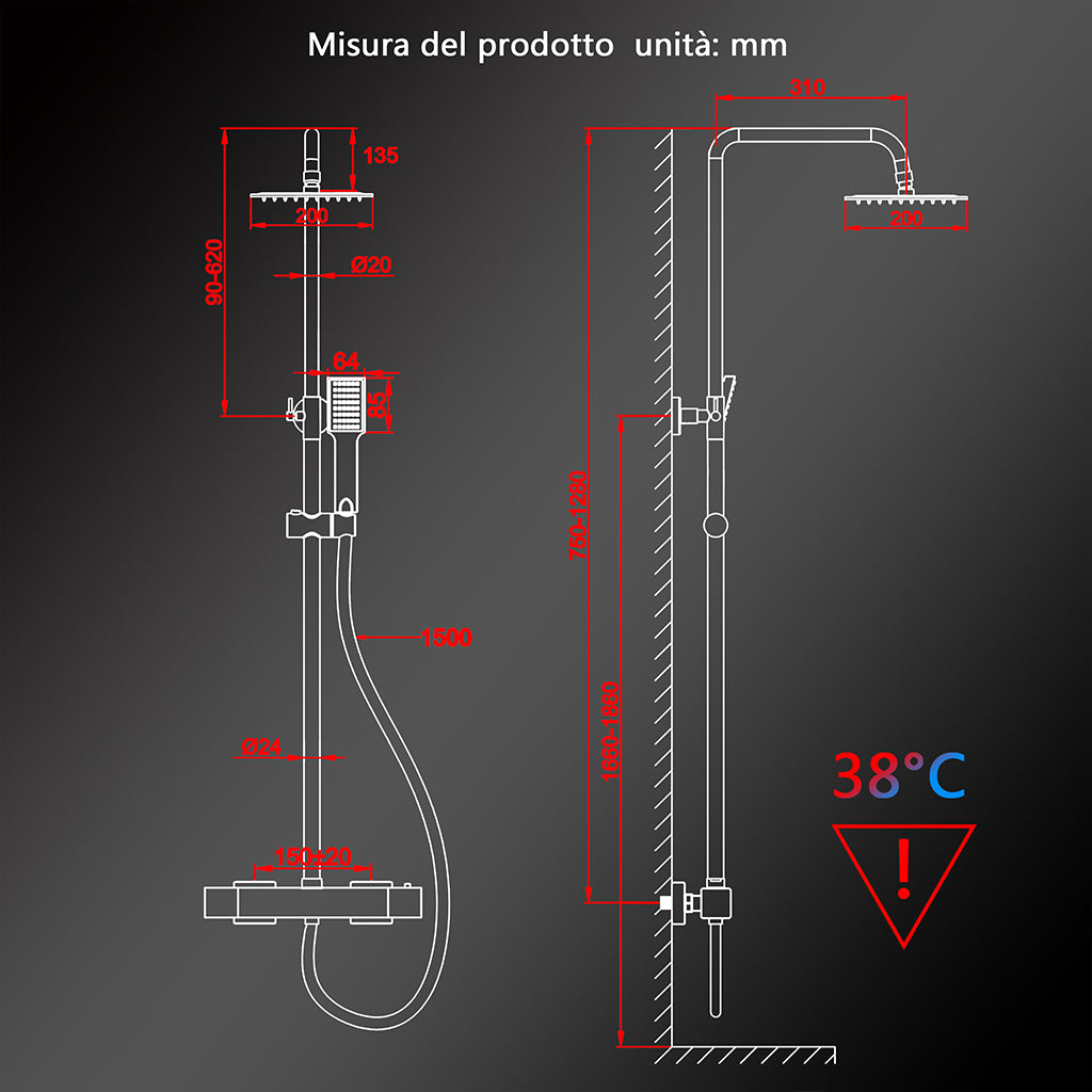Colonne doccia cromo, soffione doccia quadrato 20x20cm acciaio inox, saliscendi doccia tondo regolabile 75-125cm