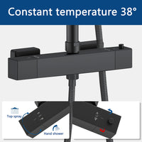 Colonna doccia multifunzioni, set doccia completo di soffione, doccetta e miscelatore termostatico regolabile, nero