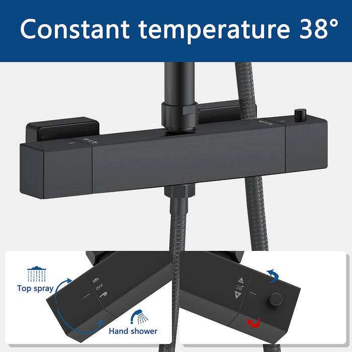 Colonna doccia multifunzioni, set doccia completo di soffione, doccetta e miscelatore termostatico regolabile, nero