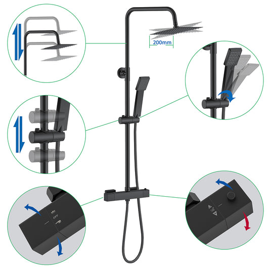 AICA Set Doccia Completo Nero con Soffione, Doccetta e Rubinetto Quadrati e Saliscendi Tondo, Miscelatore Termostatico Doccia