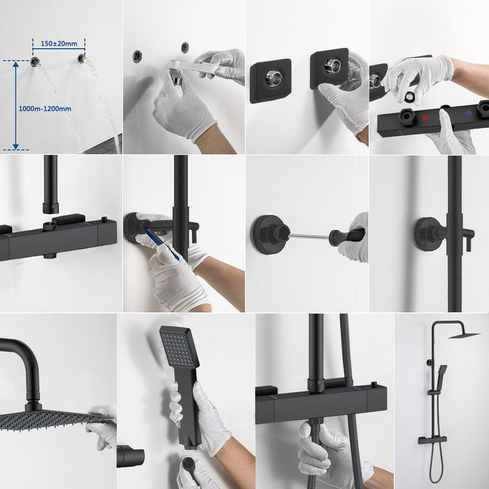 Kit Doccia con Soffione 20x20cm in Acciaio Inox e Cool-touch rubinetto, Miscelatore Termostatico Doccia Antiscotto, Nero