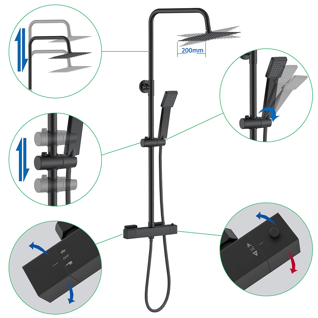 Colonna doccia multifunzioni, set doccia completo di soffione, doccetta e miscelatore termostatico regolabile, nero