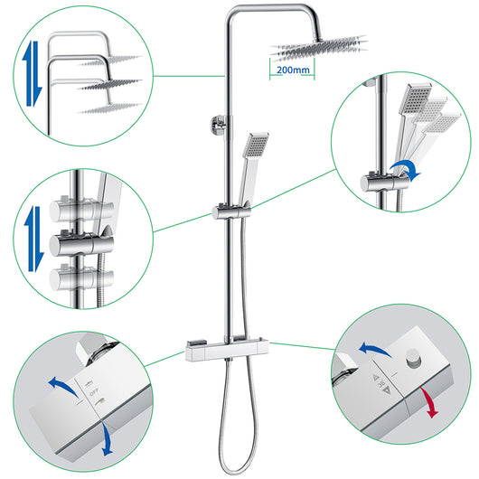 AICA Set Doccia Completo Cromo con Soffione Doccetta e Rubinetto Quadrati e Saliscendi Tondo, Miscelatore Termostatico Doccia
