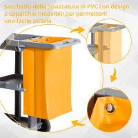 Carrello Pulizie Professionale con 3 Ripiani, Ganci Portascopa, 4 Ruote e Sacco 100L, Arancione 121 x 50.5 x 96.5cm