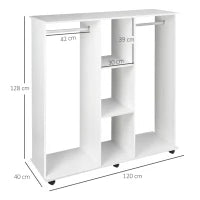 Armadio Guardaroba a Rotelle con 2 Barre e 3 Ripiani Aperti, in Legno e Alluminio, 120x40x128 cm, Bianco